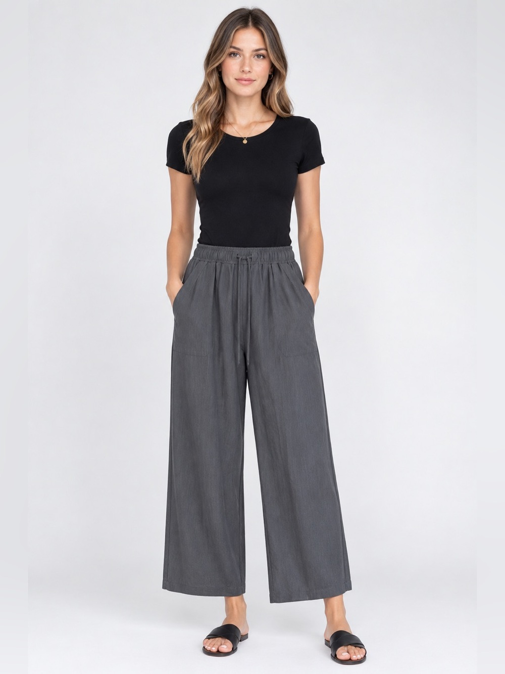 Grace Karin Wide Leg Palazzo Pants Large Gray Drawstring Flowy Stretch New